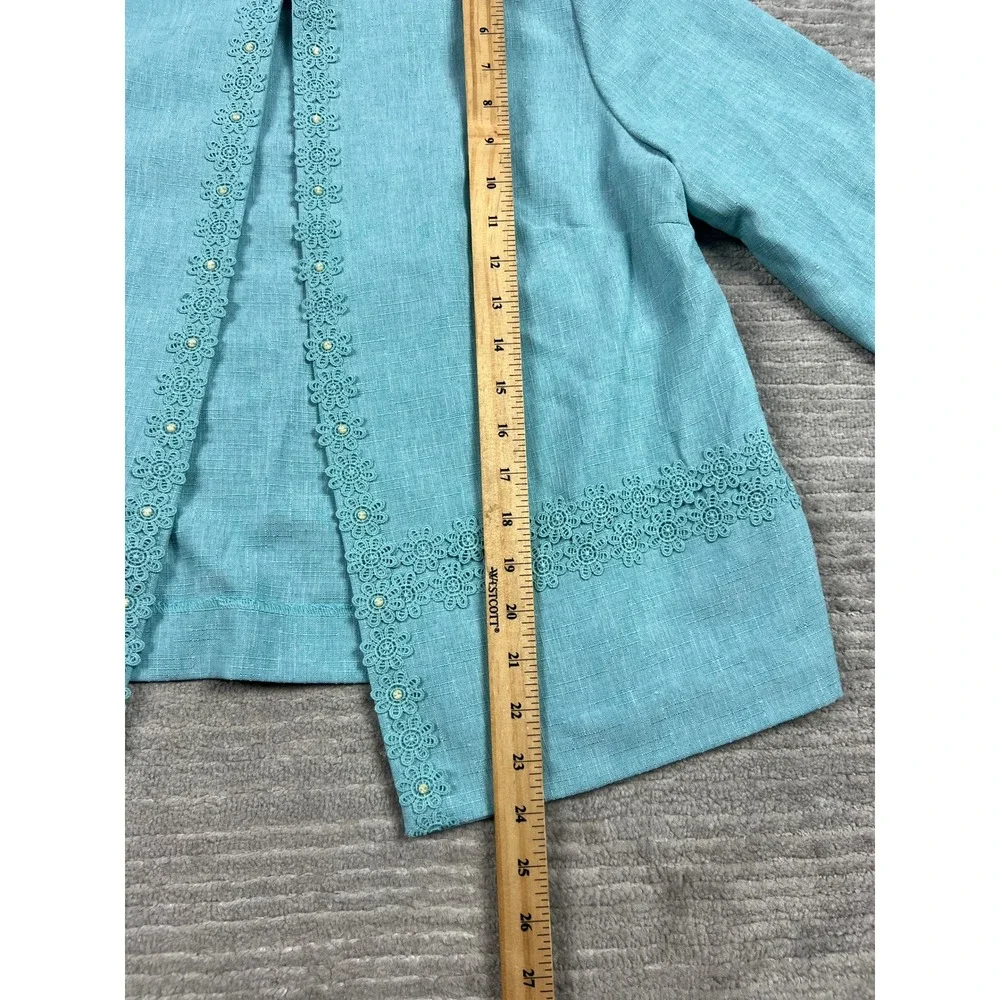 Alfred Dunner Jacket Women 10P Turquoise Blue Open Front Crochet Lace Beaded 3/4